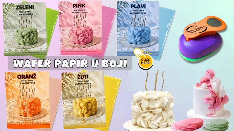 Torta Dekor WAFER PAPIR U BOJI I SECKALICA BUŠAČ ZA WAFER PAPIR